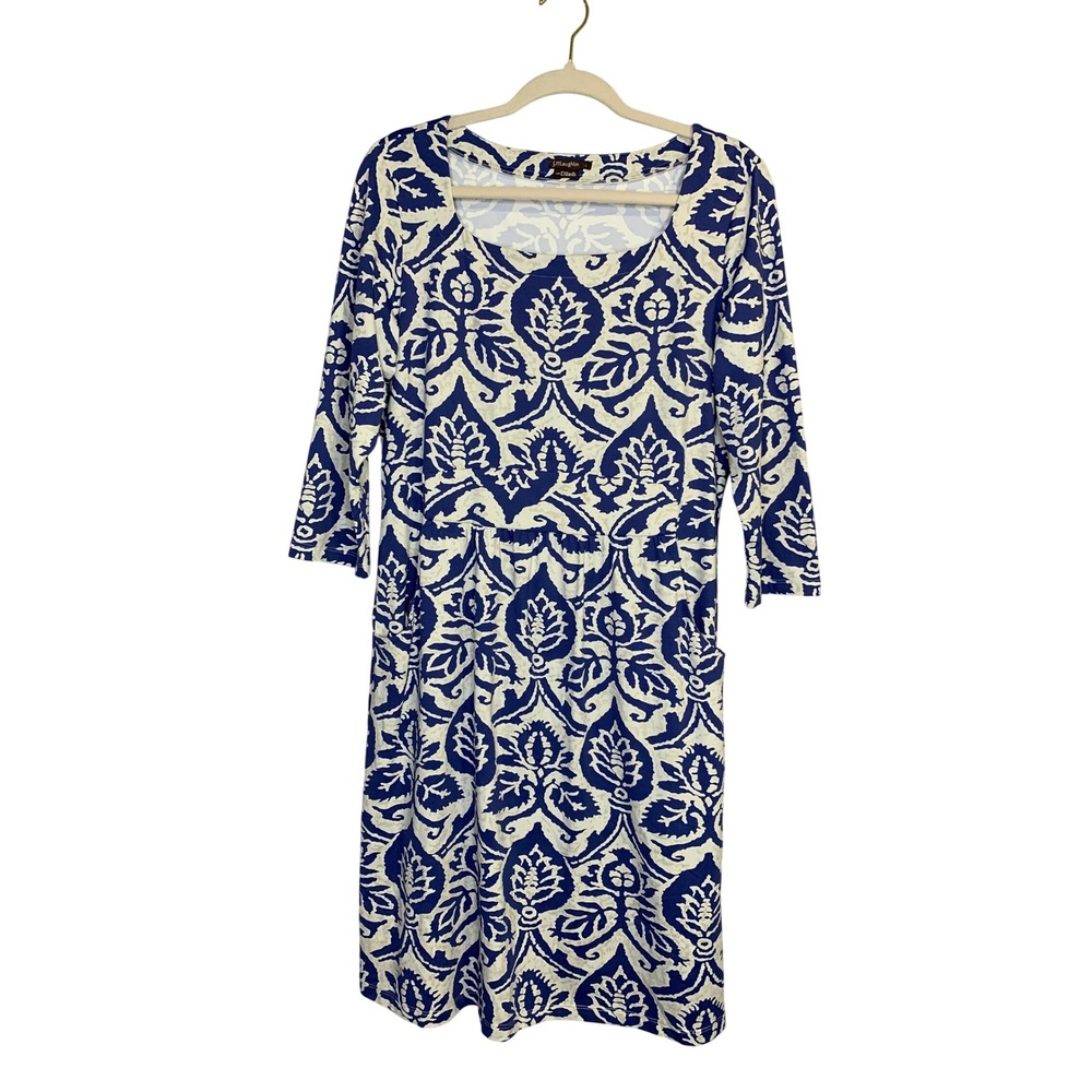 J.McLaughlin for Dillards Women's Blue White Leaf Print 3/4 Sleeve Dress Size L‎